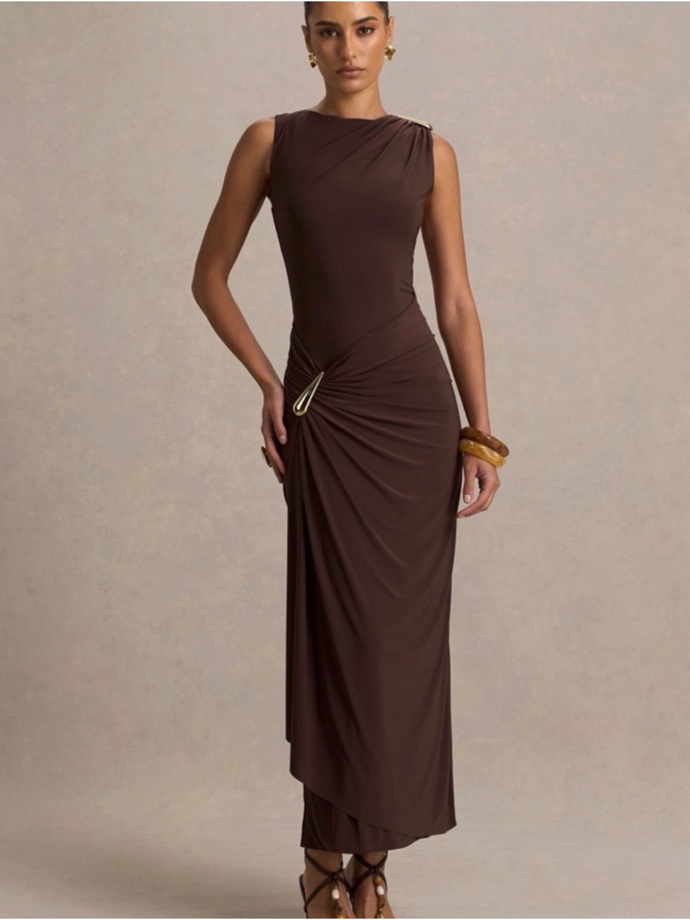 Club L London Chocolate Brown Sleeveless Draped Midi Dress